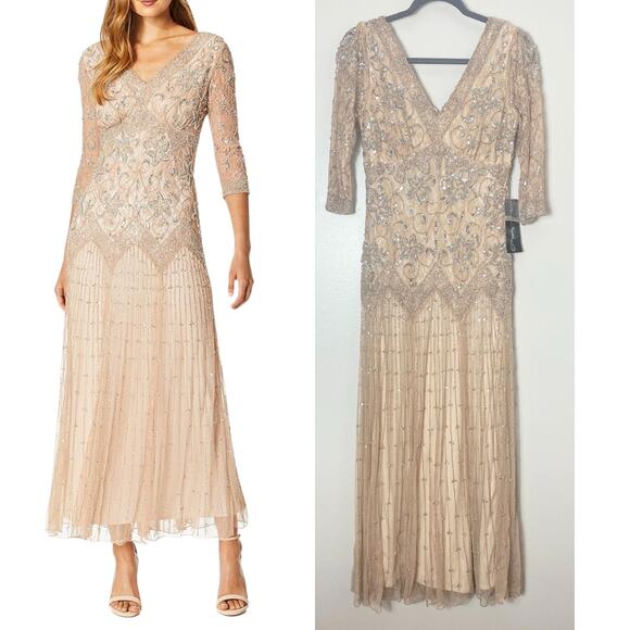 PISARRO NIGHTS DRESS 2 TAN BEIGE GOWN MOB FALL EVENING LONG FORMAL SEQUIN BEADED - Picture 1 of 16